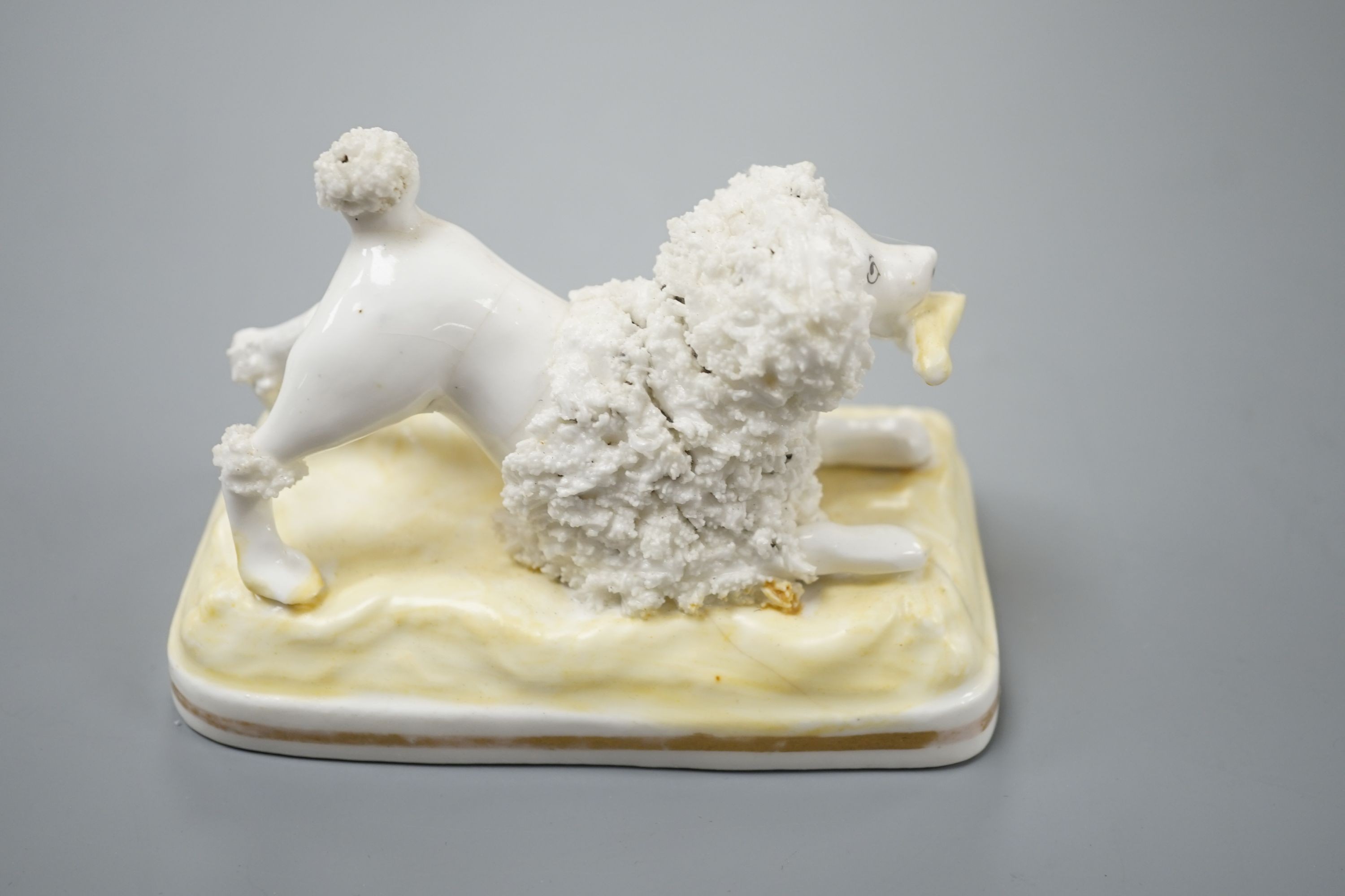 A Samuel Alcock model of a poodle grasping a bone, c.1835–50, 11.1 cm long, Cf. Dennis G.Rice Dogs in English porcelain, colour plate 64., Provenance: Dennis G.Rice collection